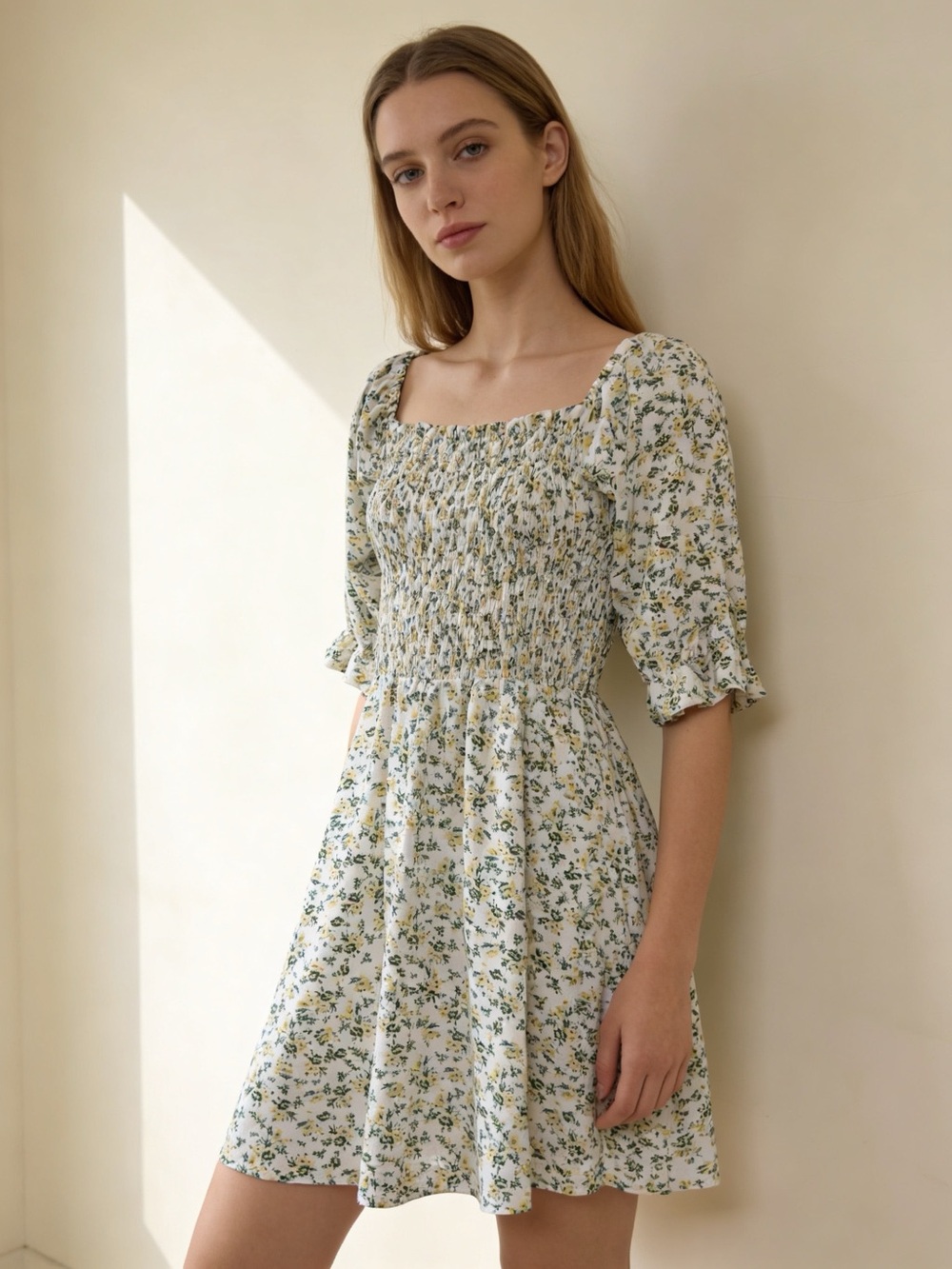 WAYF Nevaeh Smocked Floral Midi Dress Puff Sleeve Cottagecore Small